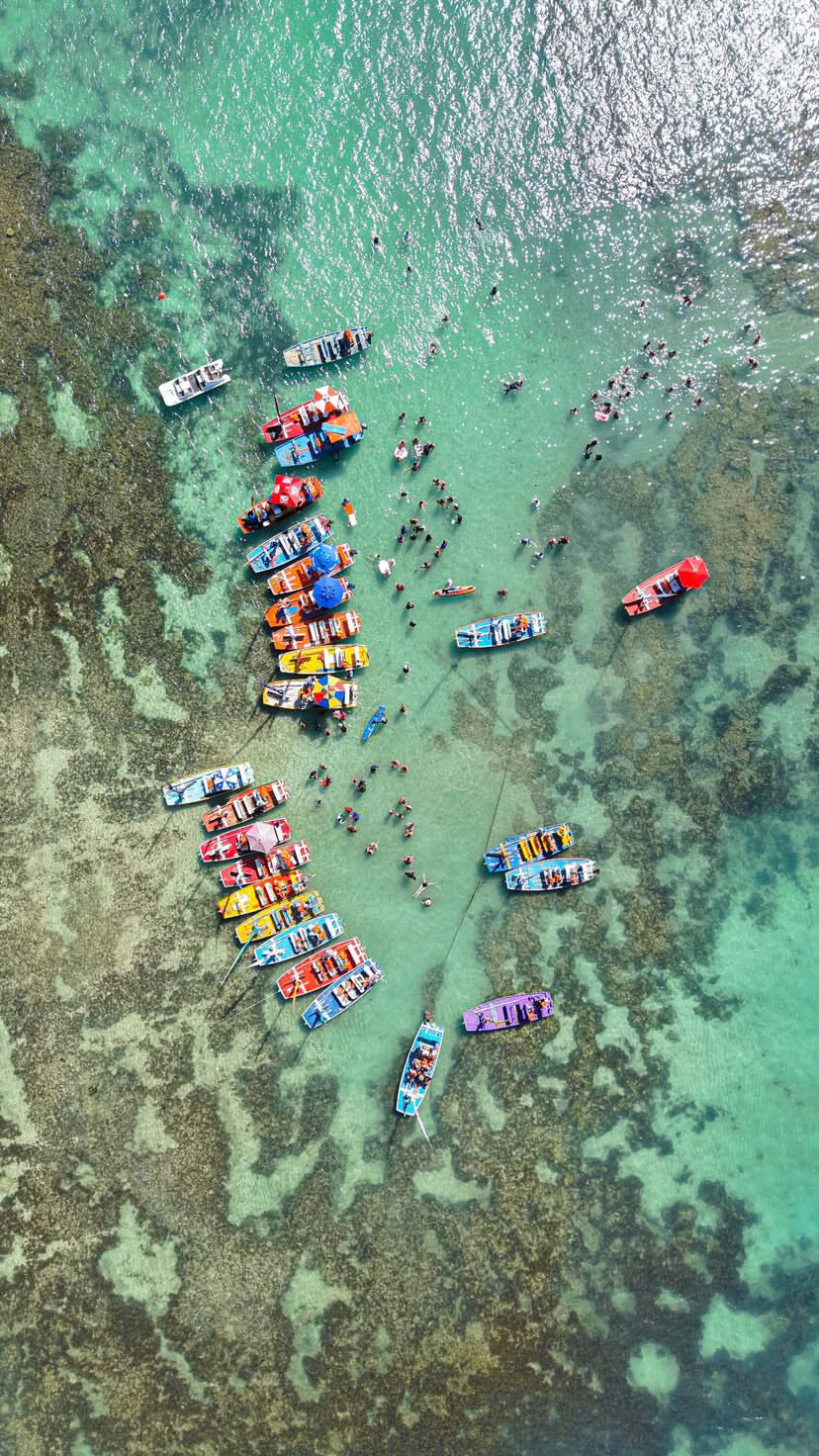 Vista aérea de cima das jangadas coloridas ancoradas nas piscinas de Pajuçara